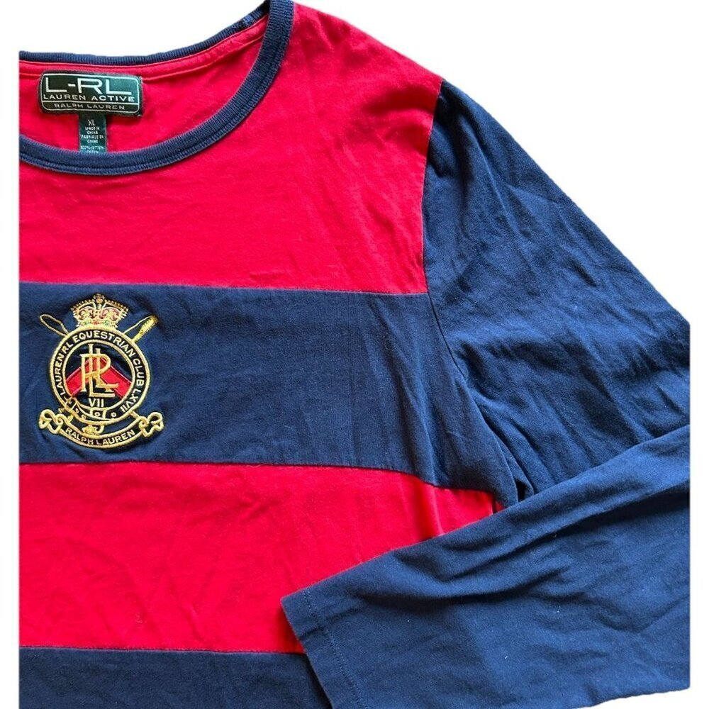 VINTAGE Lauren Ralph Lauren Rugby Shirt Equestrian Club Women's Size XL Red Blue - Picture 5 of 7